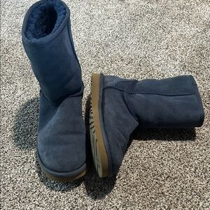 UGG Navy Suede Short Boot with Shearling Trim